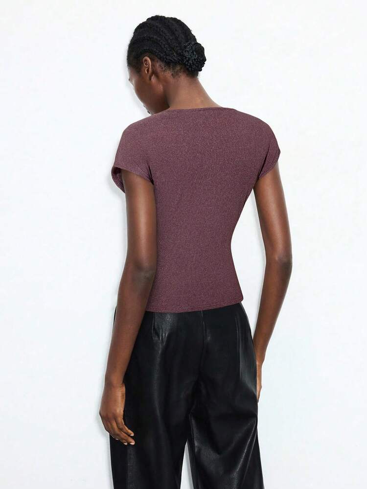 SHEIN Maija Women's Solid Color Ruched V-Neck Short Sleeve Fitted Blouse