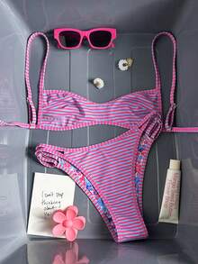 Swim Mod 女士沙滩套装，蓝粉花卉条纹印花，双面印花，百搭款式，抹胸式超迷你比基尼套装，时尚休闲度假性感甜美可爱风，女士泳装套装 - 彩色 - 查看 7