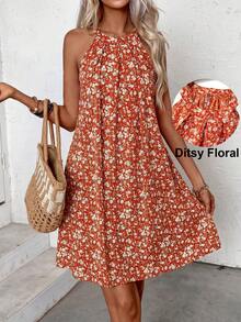 Breezaya Women Summer White Floral Halter Neck A-Line Dress,French Chic Vintage Ditsy Floral Pleated Sundress,Boho Holiday Island Resort Vacation Picnic Wear - Multicolor - View 8