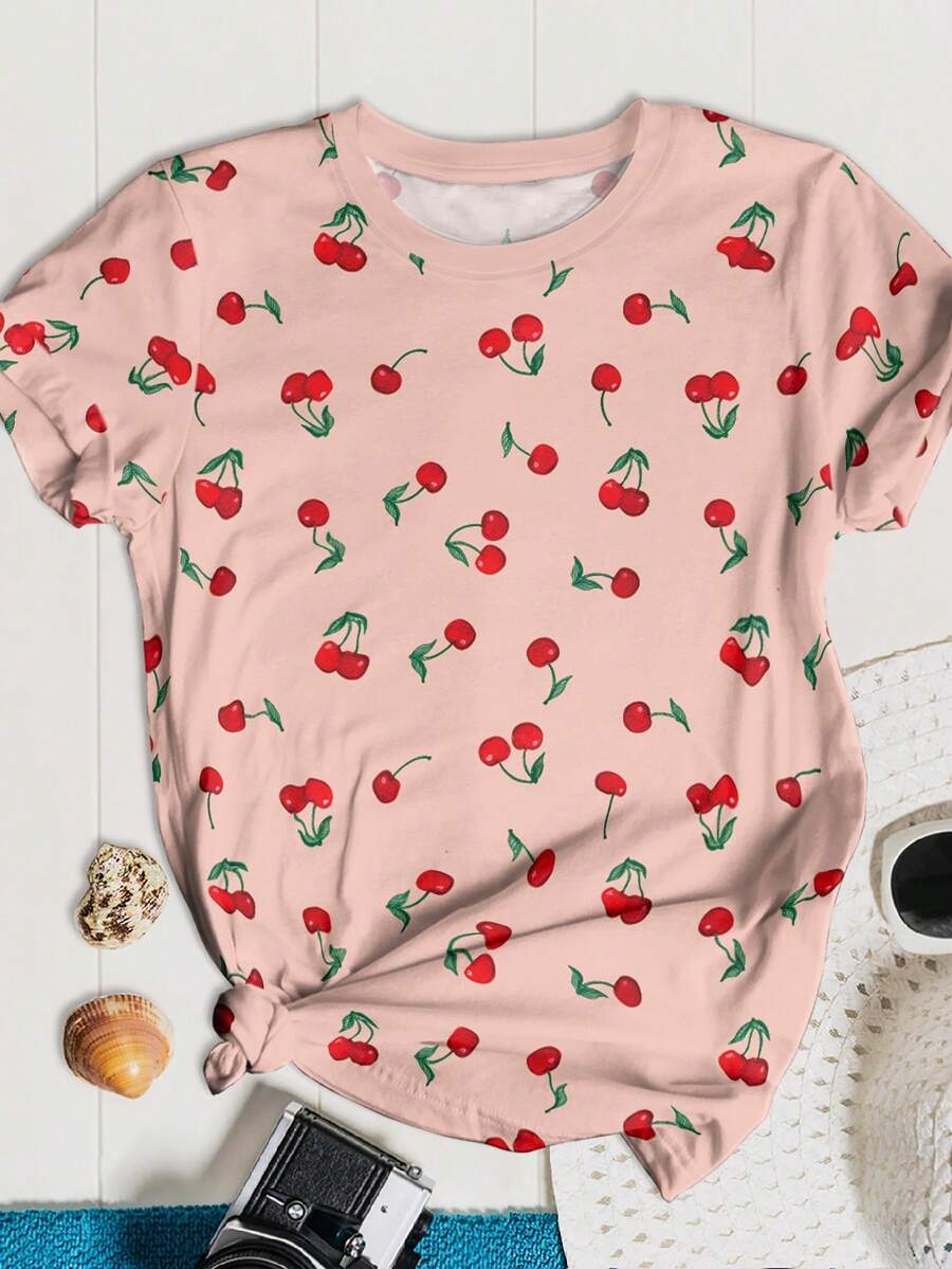 SHEIN LUNE Áo thun nữ cỡ lớn in hình quả anh đào, trang phục thường ngày mùa hè cho nữ. - Nhiều màu - Xem 1