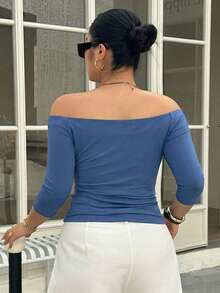 Dazy Plus Plus Size Summer Minimalist Off-Shoulder Solid Color Bodycon T-Shirt - Royal Blue - View 2