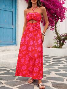 Vivid Eden Spring & Summer Vacation Woven Printed Waist Cutout Off-Shoulder Dress For Women - Watermelon Pink - View 5