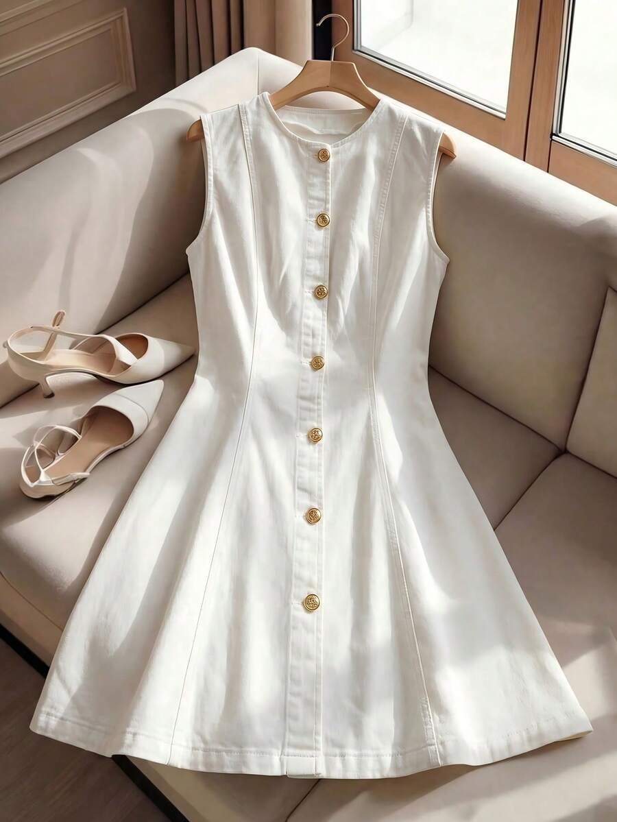 SHEIN MOD Women's Round Neck Metal Single-Breasted Sleeveless White Denim Dress,White Gold,Summmer,Elegant,Brunch,Wedding Guest Graduation Party Outfit Dresses - White - View 1