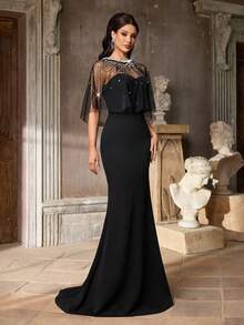 Aureia Elegant, Romantic, Fashionable Black Elastic Fabric Mesh Patchwork Rhinestone Decor Fishtail Hem Dress, Suitable For Elegant Party, Wedding Guest Attire, Formal Evening Gown - Black - View 6