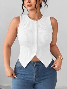 SHEIN PETITE CURVE Damen Große Größen elegante unifarbene gestrickte Crew-Neck Knopf Schlitz Passform Weste - Weiss - Übersicht 6