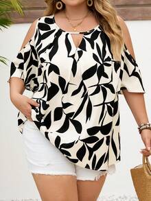 SHEIN CURVE+ 大码女式夏季休闲度假印花露肩舒适透气宽松上衣 - 黑與白 - 查看 5