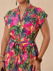 Travachic Plus Size Batwing Sleeve Tie Waist Shirt Dress - Multicolor - View 6
