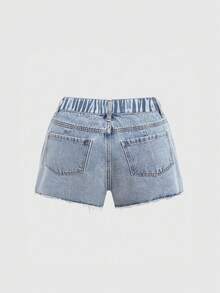 ROMWE Fairycore Plus Size Casual Floral Embroidered Frayed Hem Denim Shorts, Suitable For Spring And Summer - Blue - View 2