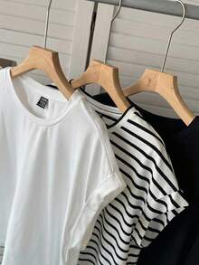 SHEIN LUNE Set de 3 camisetas casuales de mujer de cuello redondo y hombros caídos, en blanco y negro + rayas blancas y negras, adecuadas para primavera y verano - Multicolor - Ver 4
