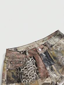 ROMWE Hippie Vintage Animal & Retro Print Sexy Mini Denim Shorts, Low Waist Summer Outfits - Multicolor - View 3