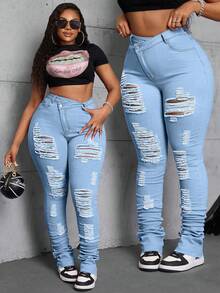 Slaydiva Jeans asimétricos con puños elásticos y desgastados en color rosa para mujer de talla grande - Lavado ligero - Ver 1