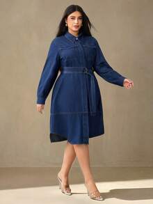 Selenza Plus Size Women's Fashion Denim Belted Dress Winter New Year - Dark Wash - View 9