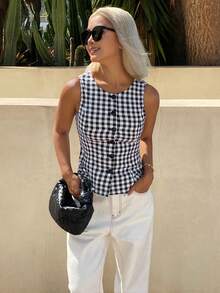 DAZY Áo vest mùa hè thanh lịch dành cho nữ, kiểu dáng cổ tròn, thắt eo, buộc nơ, họa tiết kẻ caro đen trắng, thích hợp cho kỳ nghỉ hè. - màu đen - Xem 4