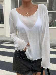 DAZY Women's Loose Fit Deep V-Neck Long Sleeve Sheer Casual Top, Urban Street Style T-Shirt For Summer - White - View 2