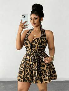 Maweii Rompi Seksi Motif Leopard untuk Wanita Ukuran Besar dengan Tali Pinggang Halter - Coklat - View 3