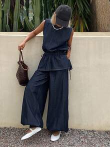 DAZY Bộ đồ nữ thường ngày gồm áo không tay cổ tròn, viền bèo nhún và quần jeans ống rộng. - Màu xanh lam - Xem 6