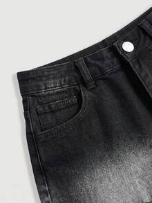 SHEIN Girlism 青少年女孩櫻桃刺繡淺藍色牛仔貼身短褲，夏季，休閒時尚度假，街頭穿搭，2000年代風格，舒適柔軟牛仔，舒適柔軟牛仔短褲Y2K夏季淺色水洗寬鬆百慕達休閒街頭，舒適時尚，休閒街頭風 - 黑色 - 查看 5