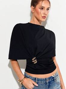 SHEIN Unity Women's Short Sleeve Ruched Black T-Shirt With Metal Decor - Black - View 6