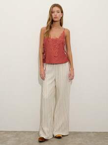 Nöista Terracotta Top With Ornate Lace Trim Along The Neckline And Center Panel. Adjustable Side Tie Details With Customizable Fit. Perfect For Date Nights, Spring, Summer, Holiday Vacation Look. - Coral Orange - View 5