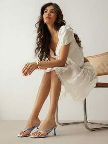 SHUZIA 女士舒适格纹面料小猫跟方头人字拖凉鞋 - 藍色 - 查看 2