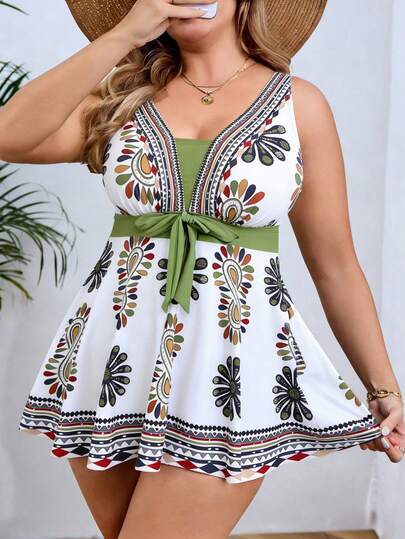Swim Vcay Plus Size Women Vacation Plant Print Twist Waist Swimdress With Swimshorts