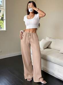 Flirla Petite Women's Casual Drawstring Elastic Waist Pocket Pants - Beige - View 7