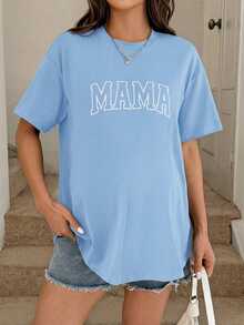 SHEIN Áo bầu tay ngắn cổ tròn in chữ, kiểu dáng thường ngày, có chức năng cho con bú. - Màu xanh nhạt - Xem 4