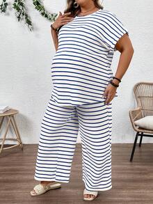 Plussiva Bộ đồ bầu cỡ lớn gồm áo thun ngắn tay kẻ sọc và quần ống rộng, kiểu dáng thường ngày, gồm 2 món. - Màu xanh lam - Xem 6
