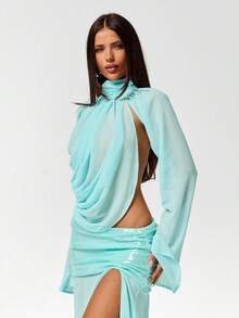 SHEIN ICON 女士宽松度假休闲蝙蝠袖上衣，高领露背褶皱细节衬衫，优雅外出之选 - 淺藍色 - 查看 4