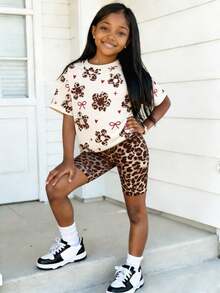 2件套，适合4-7岁女童，豹纹花卉蝴蝶结印花撞色圆领短袖上衣+豹纹短裤，时尚休闲套装，适合日常穿着、上学、生日派对、儿童节、春夏秋季。 - 彩色 - 查看 3