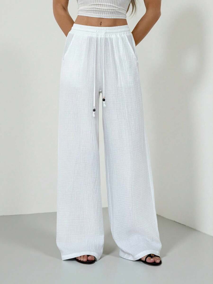 SHEIN Tall Pantalones blancos de algodón 100% lavados, de estilo minimalista básico bohemio, para conciertos de verano, salidas y playa