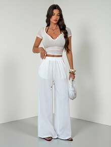 SHEIN Tall Pantalones blancos de algodón 100% lavados, de estilo minimalista básico bohemio, para conciertos de verano, salidas y playa - Blanco - Ver 6