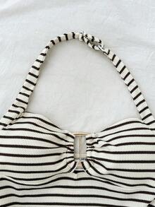 SHEIN 少女两件套露背上衣和超短裤套装，粉色休闲度假纹理套装，适合夏季、居家、青少年穿着 - 棕色 - 查看 4
