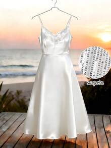 Franclia Women's Casual V-Neck Sequin Patchwork Satin White Camisole A-Line Dress Sequin Detail Dress Spaghetti Strap Dress For Women Elegant Party Dresses For Women Elegant - White - View 7