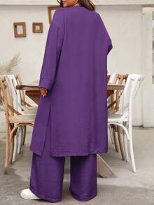 EMERY ROSE Plus Size Women's Solid Color Long Sleeve Long Shirt And Straight Leg Pants Casual Vacation 2-Piece Set Fall - Purple - View 2