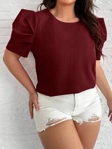 SHEIN Clasi Plus Size Summer Casual Solid Color Textured Puff Sleeve Shirt - Burgundy - View 5