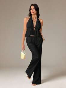 SHEIN Tall Bộ đồ 2 mảnh gồm áo tank top buộc dây cổ yếm hở lưng và quần ống rộng có dây rút. Thích hợp cho đi club, đi nghỉ mát, đi biển, dự tiệc rave, đi nghỉ ở Hawaii. - màu đen - Xem 4