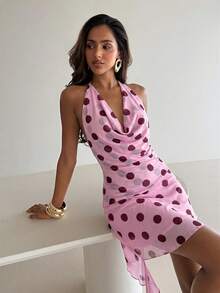 Aloruh 优雅度假风波点印花不对称迷你连衣裙，玫瑰红 - 玫紅色 - 查看 6