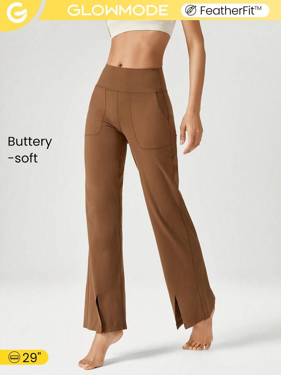 GLOWMODE 29'' FeatherFit™ Wide Leg Ultra High Waist Side Slit Pants With Side Pockets Low Impact Yoga Pilates Daily - Brown - View 1