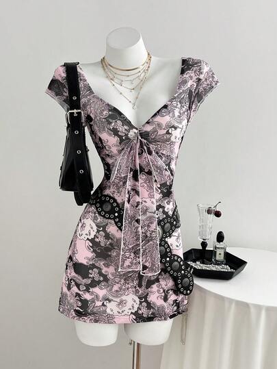 Elamini 女士V领连衣裙，波西米亚风腰果花图案，收腰A字裙