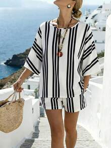 SHEIN Holidaya Bộ đồ nữ cổ tròn kẻ sọc phối nhiều mảnh gồm áo và quần short, kiểu dáng thường ngày. - Nhiều màu - Xem 7