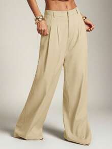 SHEIN Haute Summer Business Office Solid Casual Pleated Loose Pants - Beige - View 2