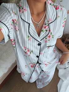 SHEIN Bộ đồ ngủ nữ tối giản kẻ sọc hoa văn phối viền tương phản - Xanh và trắng - Xem 3