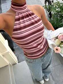 Muchica 女士休闲高领拉链针织吊带背心，无袖，简约休闲，适合日常通勤，露背设计，条纹款 - 彩色 - 查看 1
