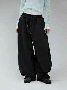 COUREZ Pantalones de chándal holgados y abombados de tiro bajo / Ropa de invierno Y2K para mujer Pantalones anchos Pantalones de chándal para mujer Conjuntos de verano para mujer - Negro - Ver 9