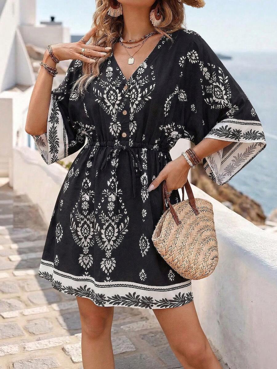 Breezaya 2026新款女士V领系腰休闲短裙，适合海滩、度假和夏季穿着 - 黑與白 - 查看 1