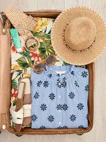 Trelyra 夏季休闲蓝色格子印花衬衫，V 领荷叶边和褶皱袖设计凸显细节，棉质面料舒适，搭配白色牛仔裤，适合通勤或度假场合，宽松简约的廓形。 - 彩色 - 查看 1