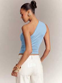 Hauture Women's Solid Color Pleated Casual Versatile Daily Wear Top - Blue - View 2