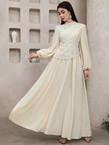 Feyla Women's Mesh Beaded Embroidered Asymmetrical Hem Long Sleeve Dress - Beige - View 4
