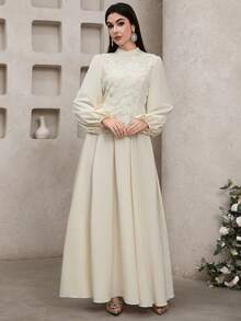 Feyla Women's Mesh Beaded Embroidered Asymmetrical Hem Long Sleeve Dress - Beige - View 7